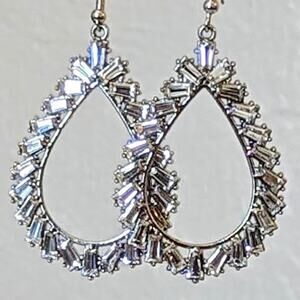 Baguette Crystal Teardrop Silver Tone Earrings